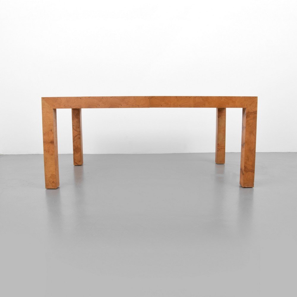 Milo Baughman Burl Wood Dining Table: Designer & Manufacturer: Milo Baughman; Thayer Coggin Markings: marked Country of Origin & Materials: USA; burl wood Additional Information & Circa: Table with two leaves, each 22" wide. (Key Word Sea