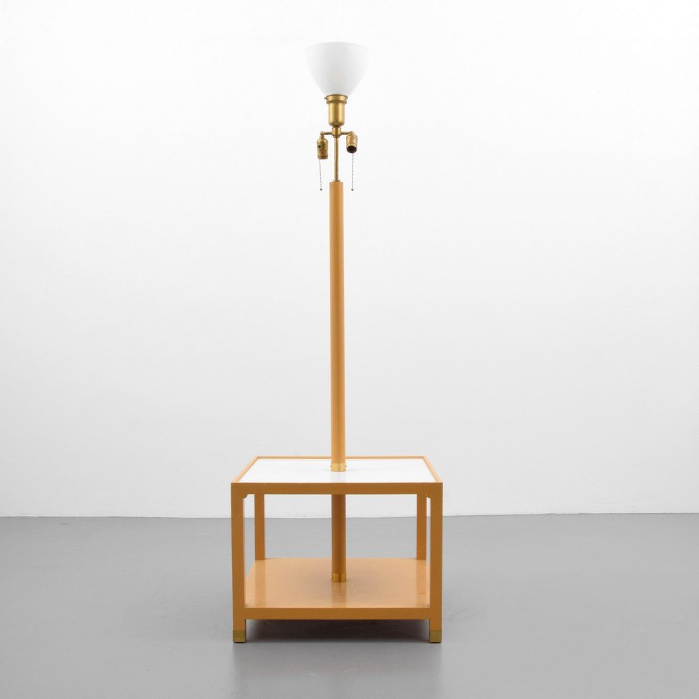 Tommi Parzinger Floor Lamp: Designer & Manufacturer: Tommi Parzinger; Parzinger Originals Markings: none Country of Origin & Materials: USA; possibly ash, brass, mica Additional Information & Circa: Lamp with built-in table and 