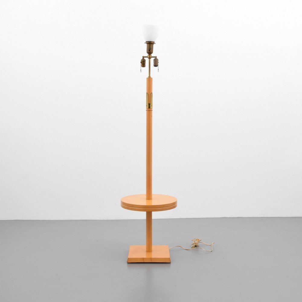 Tommi Parzinger Floor Lamp: Designer & Manufacturer: Tommi Parzinger; Parzinger Originals Markings: marked Country of Origin & Materials: USA; ash, brass Additional Information & Circa: Lamp with built-in table and brass accents