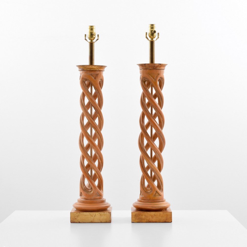 Pair of James Mont Lamps: Designer & Manufacturer: James Mont Markings: none Country of Origin & Materials: USA; wood, metal Additional Information & Circa: Sculptural carved lamps with gold leaf wood bases and tops. (Key Word