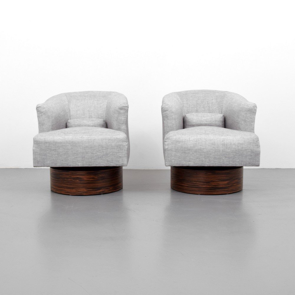 Pair of Swivel Lounge Chairs, Manner of Harvey Probber: Designer & Manufacturer: Harvey Probber, Manner of Markings: none Country of Origin & Materials: USA; wood, upholstery Additional Information & Circa: (Key Word Search: Baker, Edward Wormley, Dunbar, 