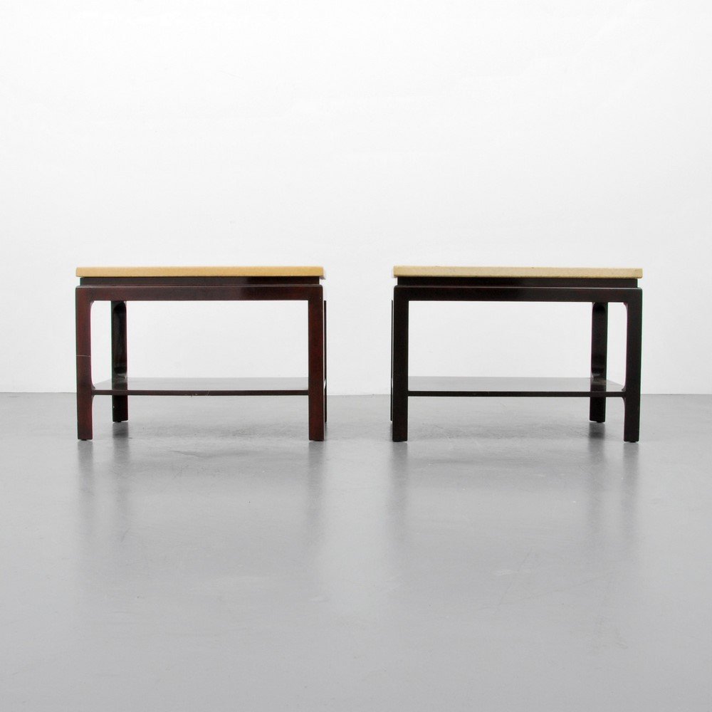 Paul Frankl Side Tables: Designer & Manufacturer: Paul Frankl; Johnson Furniture Co. Markings: marked Country of Origin & Materials: USA; wood, cork Additional Information & Circa: Tables are two-tier with cork tops. (Key Wor