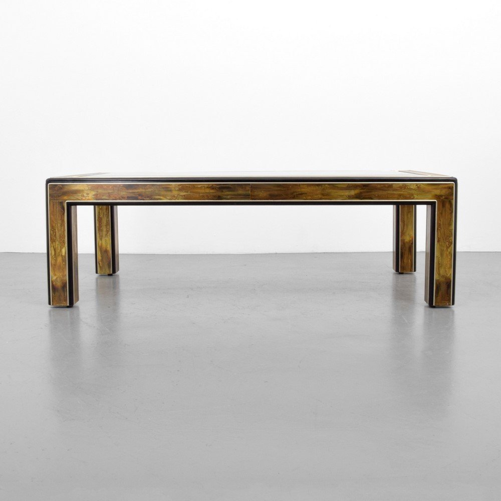Large Bernhard Rohne Coffee Table: Designer & Manufacturer: Bernhard Rohne; Mastercraft Markings: none Country of Origin & Materials: USA; brass, glass, wood Additional Information & Circa: Table with extensive etched design on frame.