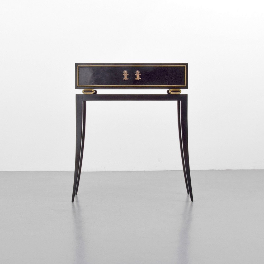 Tommi Parzinger Console/Cabinet: Designer & Manufacturer: Tommi Parzinger; Charak Modern Markings: marked Country of Origin & Materials: USA; wood, metal Additional Information & Circa: Cabinet with one drawer and splayed legs. (Key