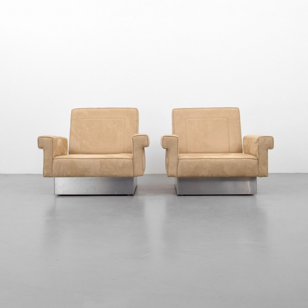 Pair of Jacques Charpentier Lounge Chairs: Designer & Manufacturer: Jacques Charpentier Markings: none Country of Origin & Materials: France; stainless steel, upholstery Additional Information & Circa: (Key Word Search: Maison Bagues / Charles