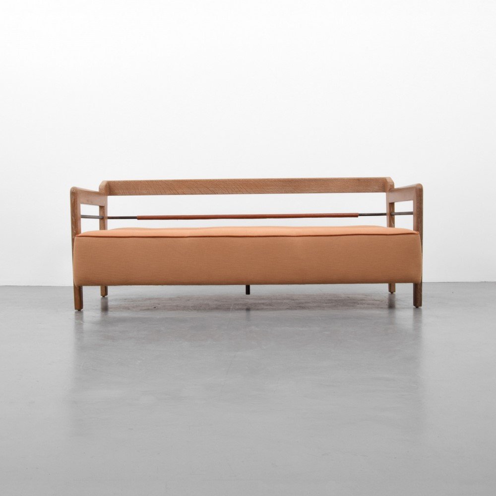 Sofa/Daybed Attributed to Jacques Adnet: Designer & Manufacturer: Jacques Adnet, Attributed Markings: none Country of Origin & Materials: France; brass, enameled metal, oak, leather Additional Information & Circa: (Key Word Search: Maison Ba