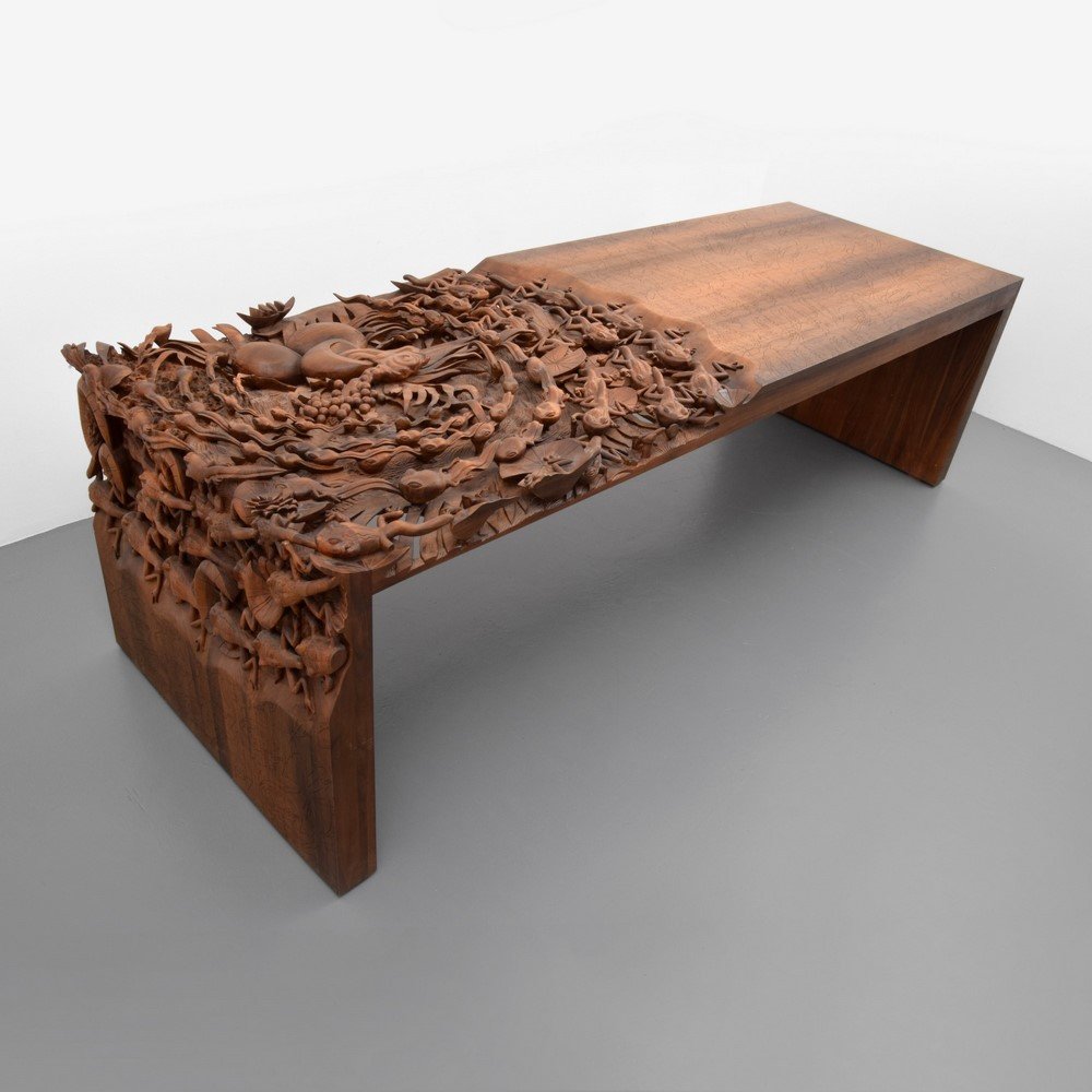 Large Niels Van Eijk & Miriam Van Der Lubbe Table: Designer & Manufacturer: Niels Van Eijk & Miriam Van Der Lubbe; Droog Design Markings: ed. of 20; 2006 Country of Origin & Materials: Netherlands; American nut wood Additional Information & Circa: Tab