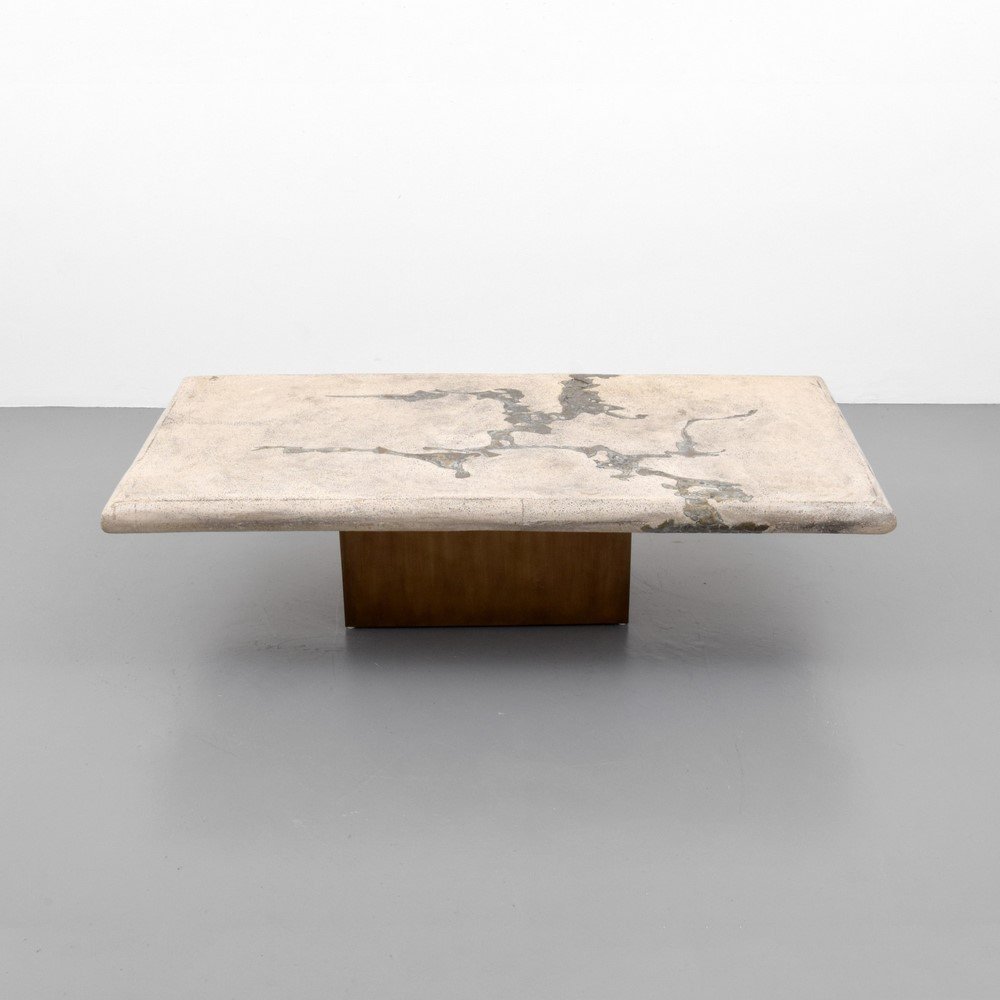 Silas Seandel Coffee Table: Designer & Manufacturer: Silas Seandel Markings: marked Country of Origin & Materials: USA; inlaid bronze, concrete, metal over wood base Additional Information & Circa: (Key Word Search: George Nakas