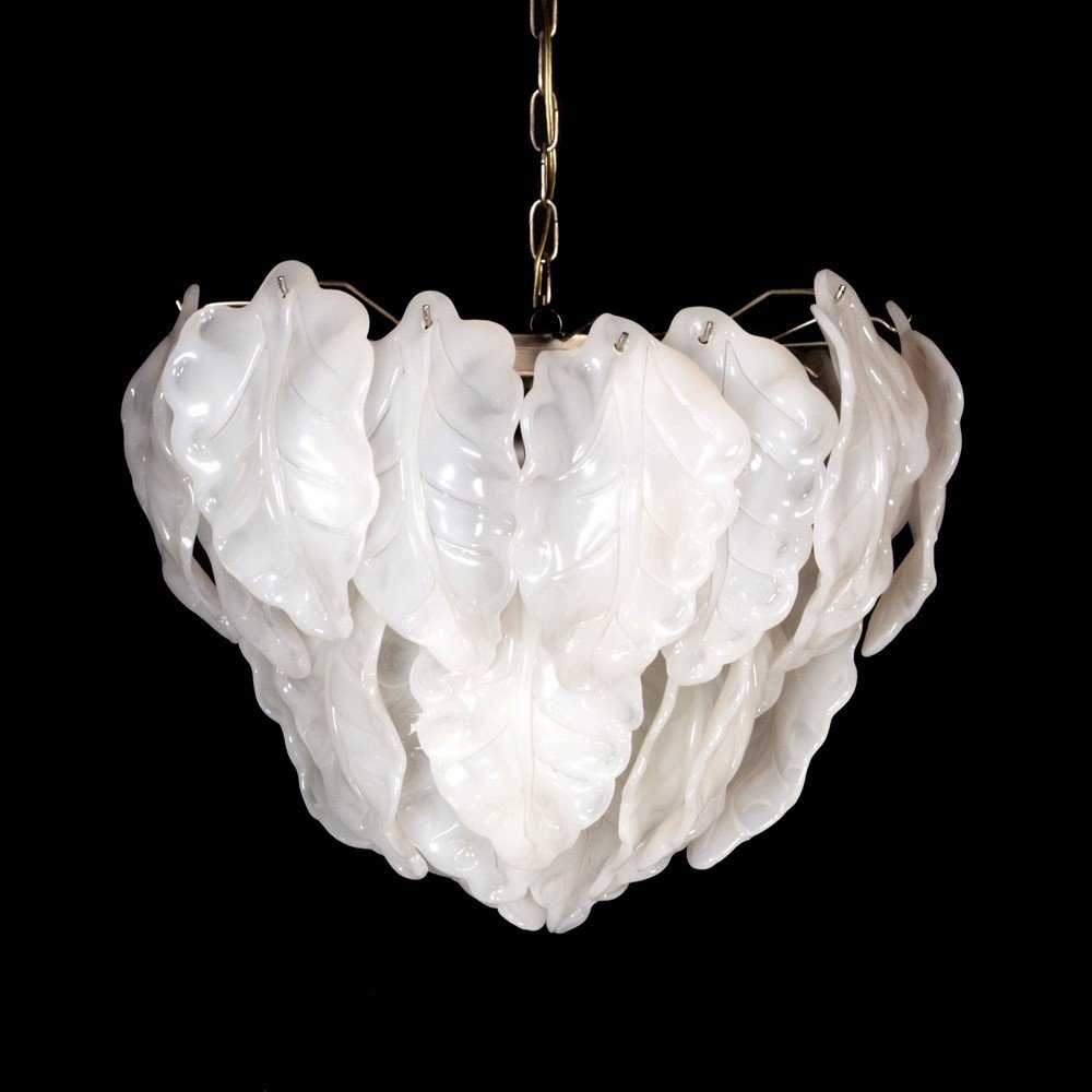 Leaf Chandelier Attributed to Barovier & Toso, Murano: Designer & Manufacturer: Barovier & Toso, Attributed Markings: none Country of Origin & Materials: Italy; glass, metal Additional Information & Circa: (Key Word Search: Venini, Fontana Arte, Sciolari,