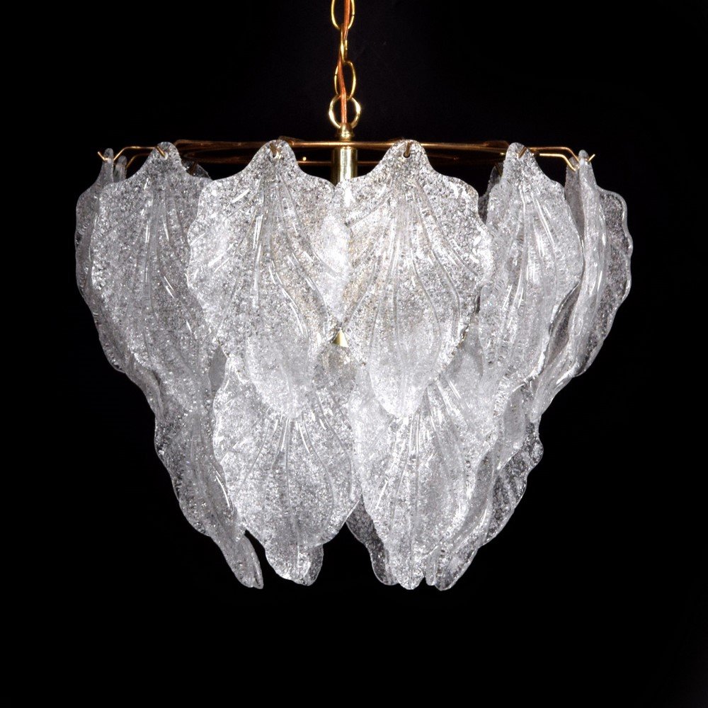 Leaf Chandelier Attributed to Barovier & Toso, Murano: Designer & Manufacturer: Barovier & Toso, Attributed Markings: none Country of Origin & Materials: Italy; glass, metal Additional Information & Circa: (Key Word Search: Venini, Fontana Arte, Sciolari,