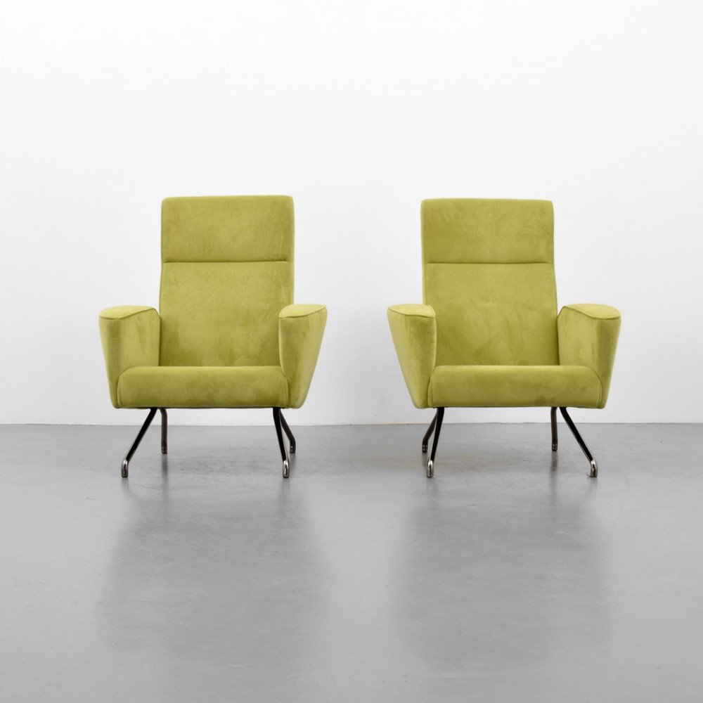Pair of Italian Recliners, Manner of Osvaldo Borsani: Designer & Manufacturer: Osvaldo Borsani, Manner of Markings: none Country of Origin & Materials: Italy; metal, upholstery Additional Information & Circa: (Key Word Search: Franco Albini, Gio Ponti, C
