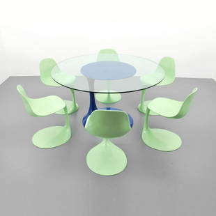 Rudi Bonzanini Dining Table & Chairs: Designer & Manufacturer: Rudi Bonzanini; L'Anbiente Markings: none Country of Origin & Materials: Italy; lacquered fiberglass, glass Additional Information & Circa: Provenance: Wright20, 5/20/2008/ Lo