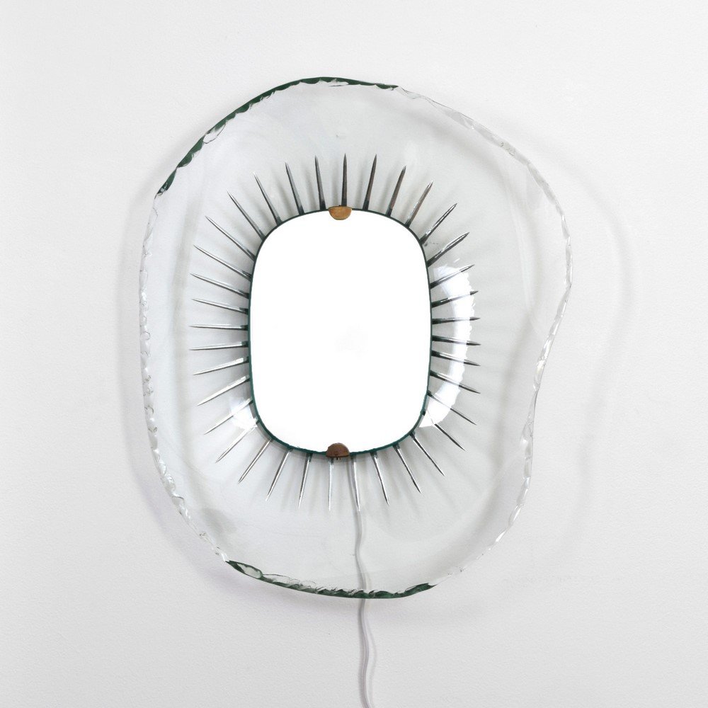 Rare Max Ingrand #1657 Mirror, Fontana Arte: Designer & Manufacturer: Max Ingrand; Fontana Arte Markings: none Country of Origin & Materials: Italy; brass, mirror, crystal (carved and chisel-cut with silver details) Additional Information & Circ