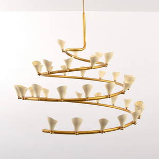 Large Gino Sarfatti #2040 Chandelier: Designer & Manufacturer: Gino Sarfatti; Arteluce Markings: none Country of Origin & Materials: Italy; brass, enamel on aluminum Additional Information & Circa: Reference: Gino Sarfatti- 1938-1973