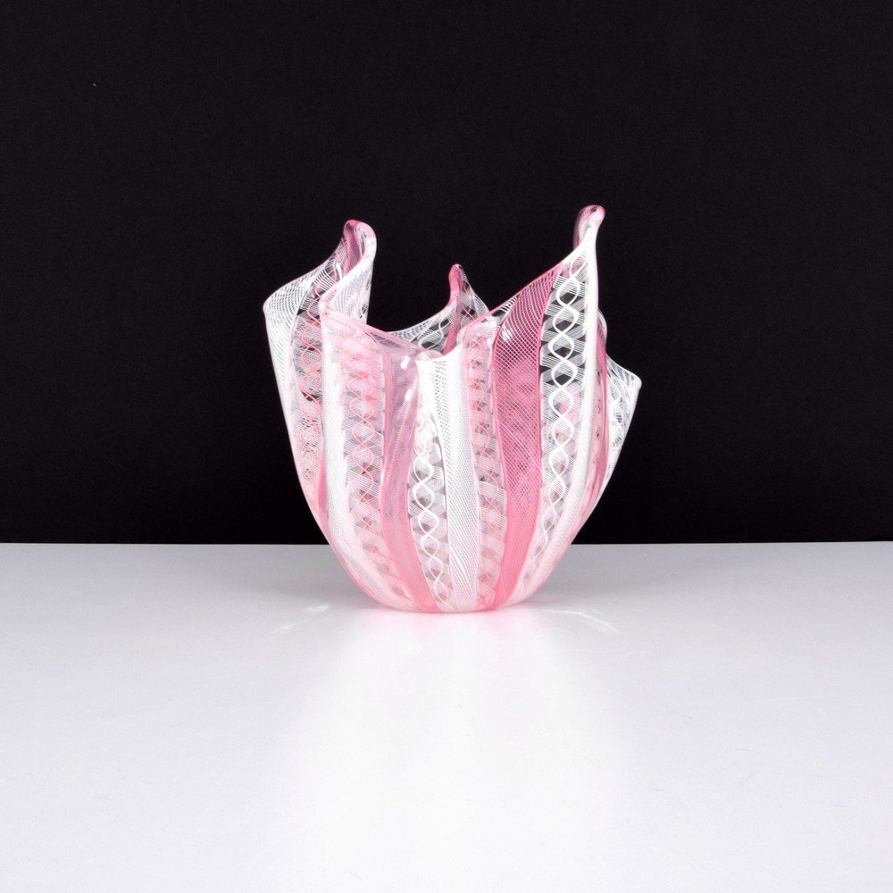Venini "Latticino Handkerchief" Vase, Murano: Designer & Manufacturer: Venini Markings: marked Country of Origin & Materials: Italy; glass Additional Information & Circa: Three line acid etched markings to base; "Venini Murano Italia." Reference: