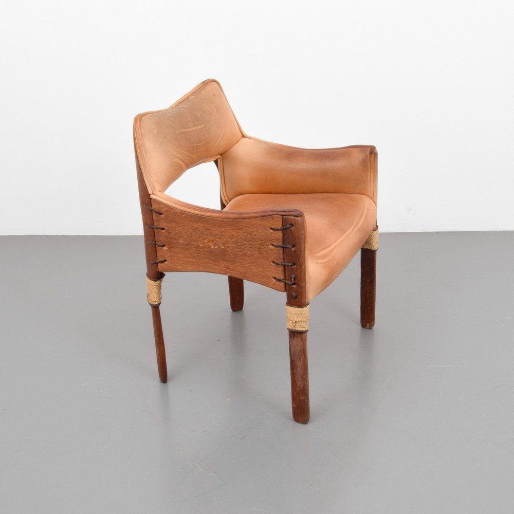 Modernist Chair, probably Brazilian: Markings: none Country of Origin & Materials: unknown; unplaned wood, aniline-dyed leather, leather lacing, hemp cord, upholstery Additional Information & Circa: (Key Word Search: Jose Zanini de Zanin