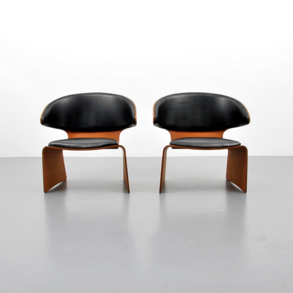 Pair of Hans Olsen "Bikini" Lounge Chairs: Designer & Manufacturer: Hans Olsen; Frem Røjle Markings: marked Country of Origin & Materials: Denmark; laminated mahogany plywood, leather Additional Information & Circa: Reference: Designed For Li