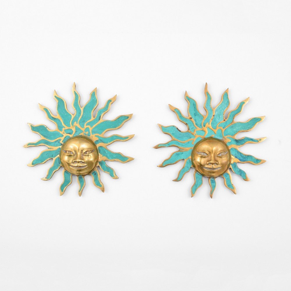 Pair of Pepe Mendoza Wall Sculptures/Plaques: Designer & Manufacturer: Pepe Mendoza Markings: marked Country of Origin & Materials: Mexico; brass, enamel Additional Information & Circa: (Key Word Search: Sergio Bustamante, William Spratling, Pepe