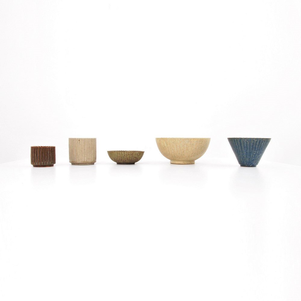Arne Bang Vessels, Collection of 5: Designer & Manufacturer: Arne Bang Markings: marked Country of Origin & Materials: Denmark; glazed stoneware Additional Information & Circa: (Key Word Search: Claude Conover, Marcello Fantoni, Roger C