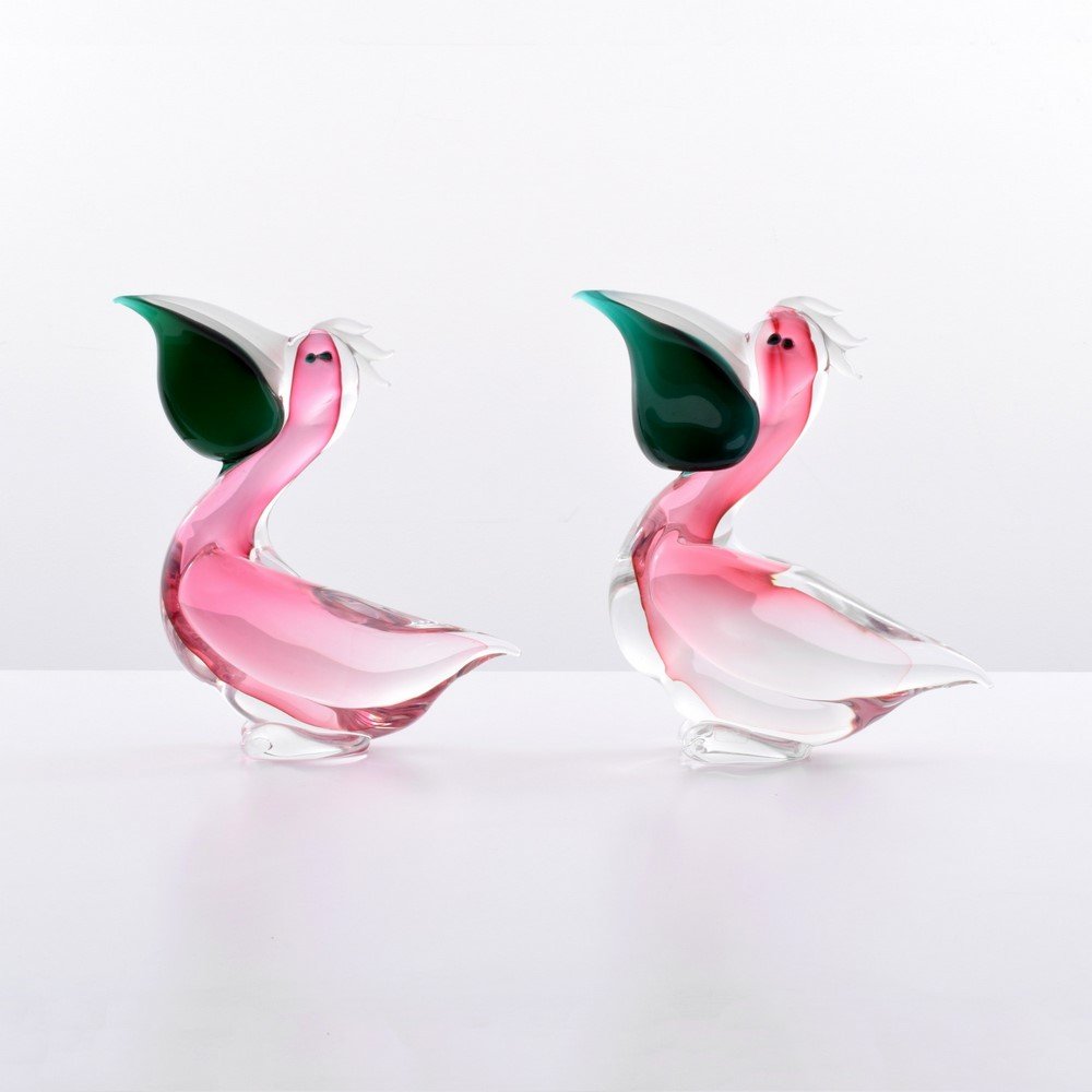 Pair of Oggetti Figurines, Murano: Designer & Manufacturer: Oggetti Markings: marked Country of Origin & Materials: Italy; glass Additional Information & Circa: (Key Word Search: Venini, Barovier & Toso, Archimede Seguso, Cenedese, Sal
