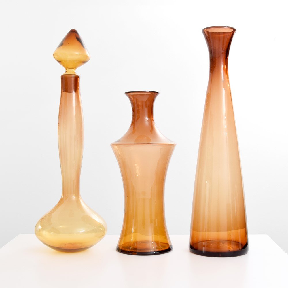 Monumental Blenko Vases/Decanter, Set of 3: Designer & Manufacturer: Blenko Markings: none Country of Origin & Materials: USA; glass Additional Information & Circa: (Key Word Search: Venini, Barovier & Toso, Archimede Seguso, Cenedese, Salviati