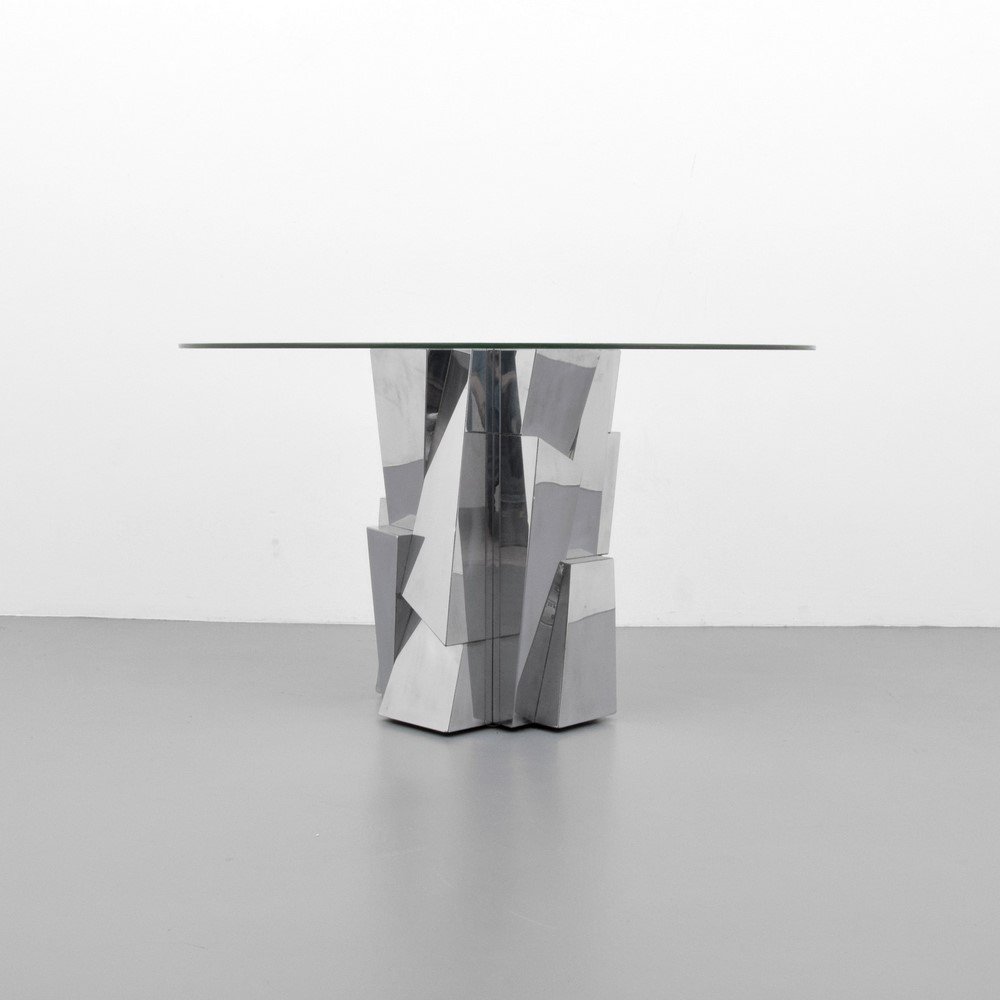 Paul Evans "Faceted 300" Dining/Center Hall Table: Designer & Manufacturer: Paul Evans Markings: none Country of Origin & Materials: USA; chromed metal, glass Additional Information & Circa: Reference (faceted forms): Paul Evans Designer & Sculptor, J