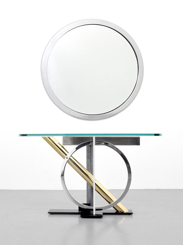 Kaizo Oto Console Table & Mirror: Designer & Manufacturer: Kaizo Oto; Design Institute of America (DIA) Markings: none Country of Origin & Materials: USA; mixed metals, glass, mirror Additional Information & Circa: (Key Word Search: M