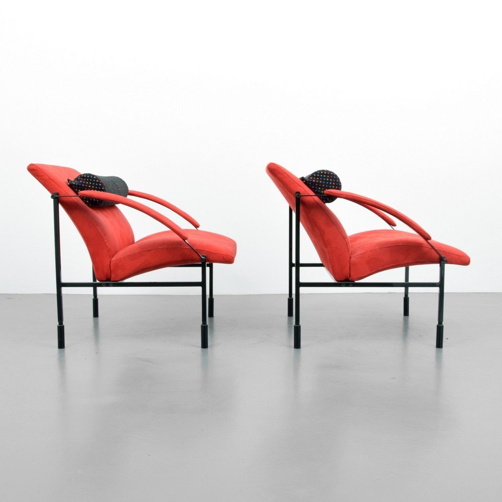 Pair of Saporiti Lounge Chairs: Designer & Manufacturer: Saporiti Markings: none Country of Origin & Materials: Italy; metal, upholstery Additional Information & Circa: (Key Word Search: Ettore Sottsass, Philippe Starck, Memphis, It