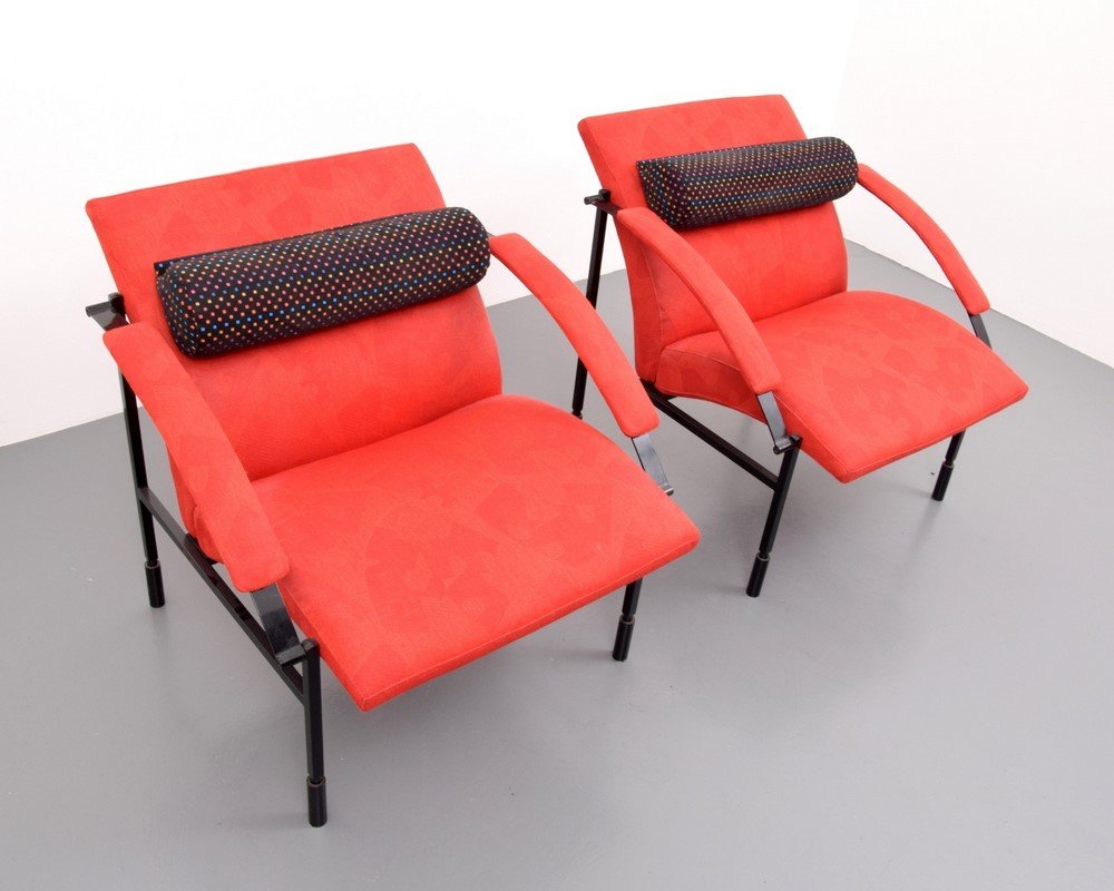 Pair of Saporiti Lounge Chairs: Designer & Manufacturer: Saporiti Markings: none Country of Origin & Materials: Italy; metal, upholstery Additional Information & Circa: (Key Word Search: Ettore Sottsass, Philippe Starck, Memphis, It