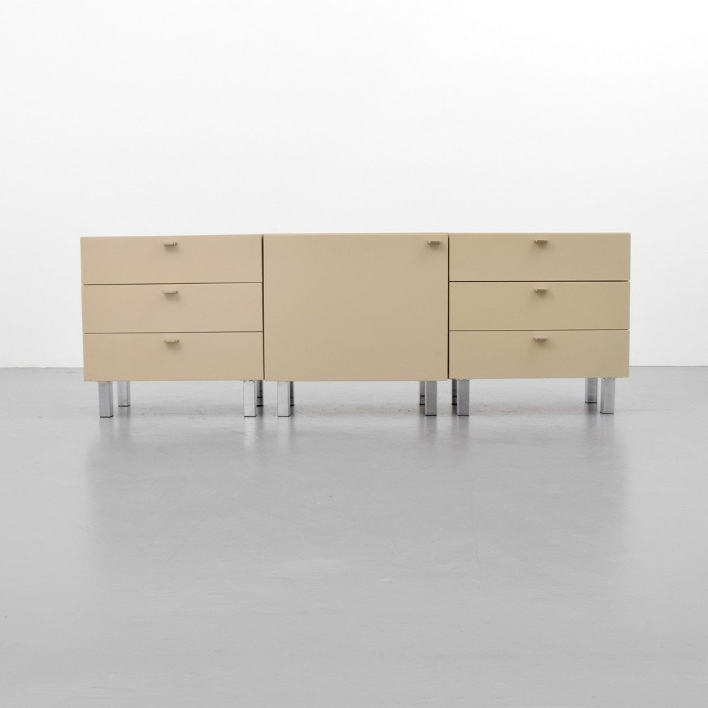 Dieter Waeckerlin Cabinets, Set of 3: Designer & Manufacturer: Dieter Waeckerlin; Behr Markings: marked Country of Origin & Materials: Switzerland; wood, metal Additional Information & Circa: Two cabinets with three drawers and a single c