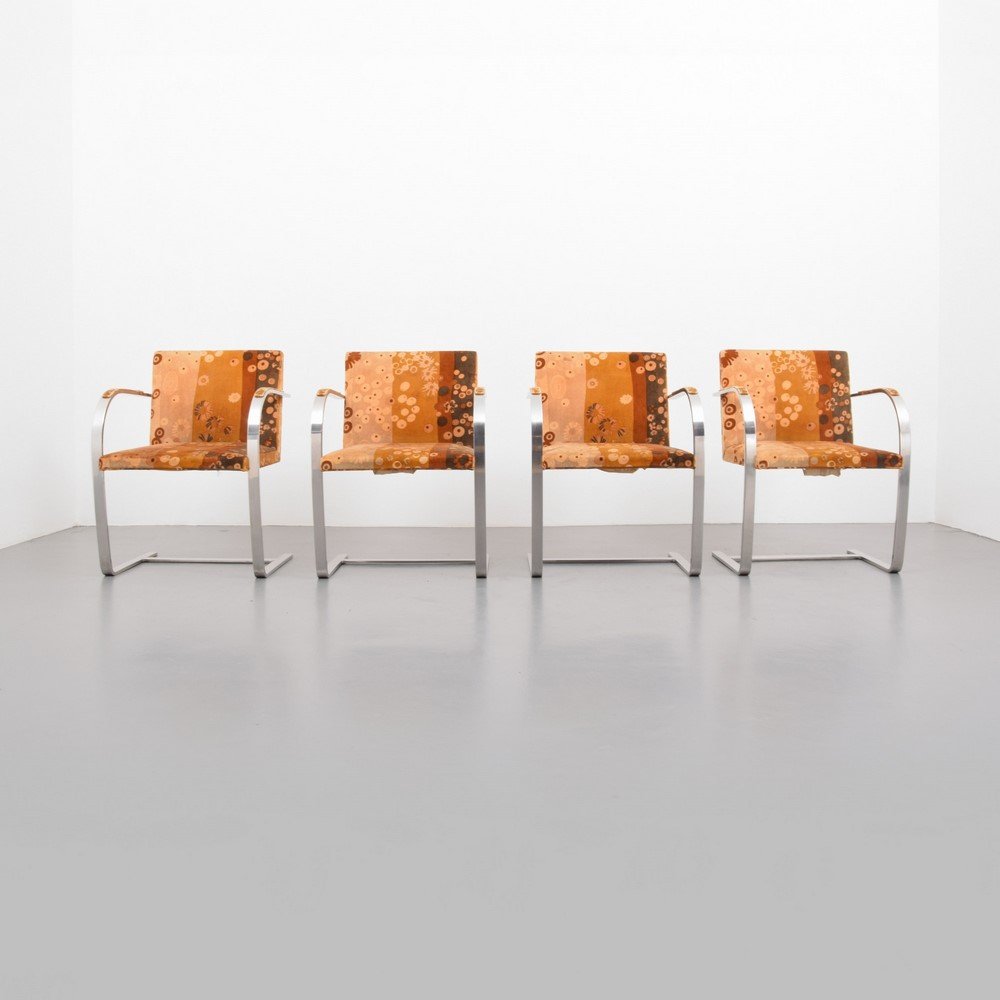 Mies van der Rohe "Brno" Dining Chairs, Set of 4, Knoll: Designer & Manufacturer: Mies van der Rohe; Knoll International & Knoll Associates Markings: marked Country of Origin & Materials: USA; chromed metal, upholstery Additional Information & Circa: Chairs