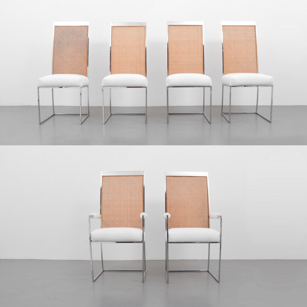 Milo Baughman Dining Chairs, Set of 6: Designer & Manufacturer: Milo Baughman; Thayer Coggin Markings: none Country of Origin & Materials: USA; chromed steel, caning, upholstery Additional Information & Circa: Set of chairs includes two ar