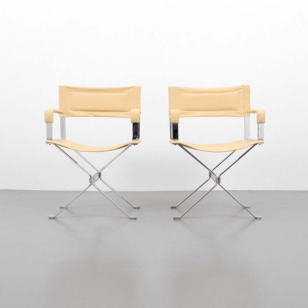 Pair of Alessandro Albrizzi Arm Chairs: Designer & Manufacturer: Alessandro Albrizzi Markings: none Country of Origin & Materials: Italy; chromed metal, upholstery (possibly leather) Additional Information & Circa: (Key Word Search: Milo Ba