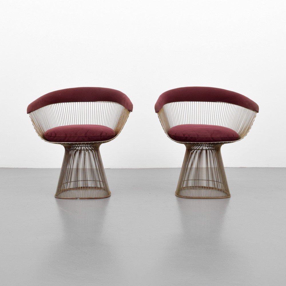 Pair of Warren Platner Chairs: Designer & Manufacturer: Warren Platner; Knoll International Markings: marked Country of Origin & Materials: USA; metal, upholstery Additional Information & Circa: Reference: Knoll – A Modernist Uni