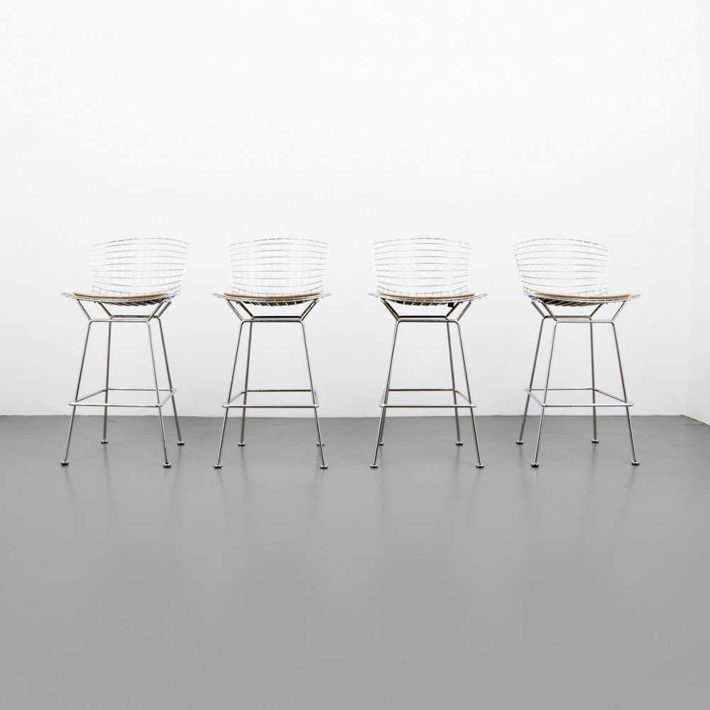 Harry Bertoia "428" Bar Stools, Set of 4: Designer & Manufacturer: Harry Bertoia; Knoll Markings: marked Country of Origin & Materials: USA; upholstery, chromed metal Additional Information & Circa: Reference: Knoll Furniture, Steven and Lind