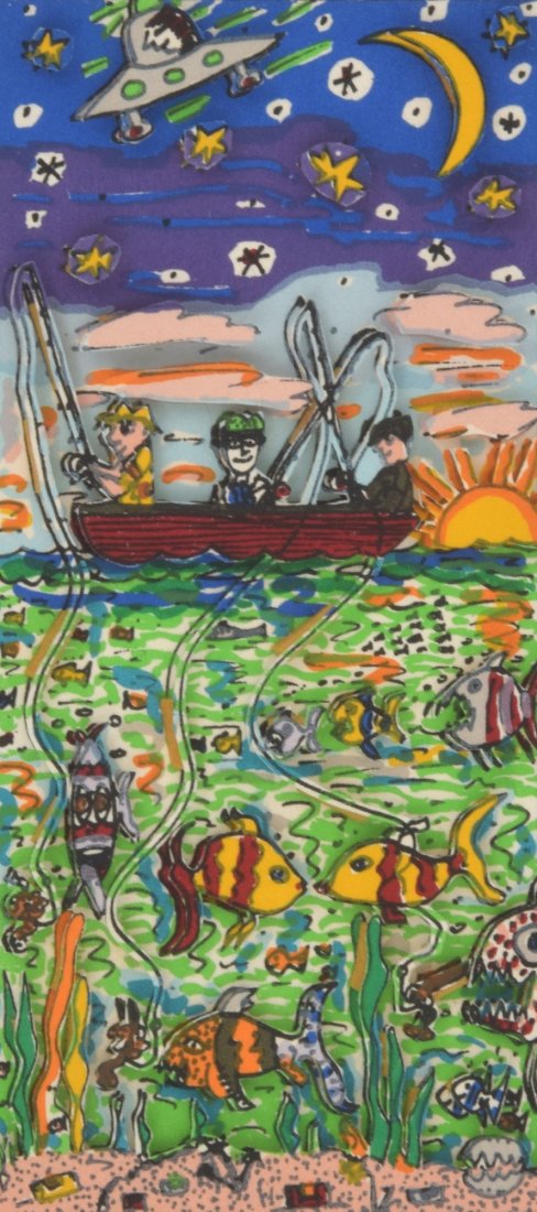 James Rizzi Mixed Media: Designer & Manufacturer: James Rizzi (1950 - 2011) Markings: signed; 1986 Country of Origin & Materials: American; mixed media Additional Information & Circa: Work is titled "Fishin". The work was rem