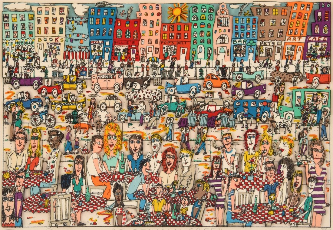 James Rizzi Mixed Media: Designer & Manufacturer: James Rizzi (1950 - 2011) Markings: signed; 1987 Country of Origin & Materials: American; mixed media Additional Information & Circa: Work is titled "Sidewalk Cafe". The work