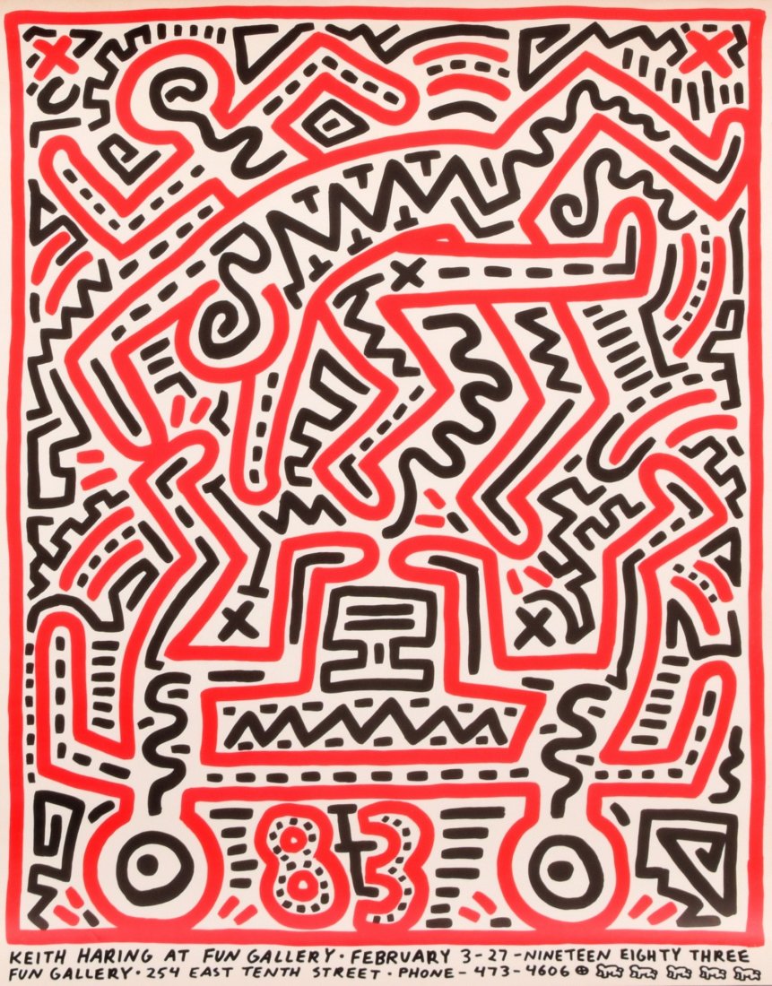 Keith Haring Exhibition Poster, Limited Edition: Designer & Manufacturer: Keith Haring (1958-1990) Markings: signed in plate; unknown edition size; 1983 Country of Origin & Materials: American; lithograph from an original woodcut printed on glossy p