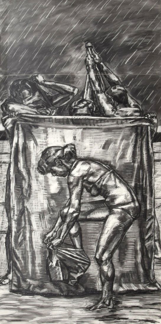 Large Graham Nickson Charcoal, Original Work: Designer & Manufacturer: Graham Nickson (b. 1946) Markings: signed; 1994 Country of Origin & Materials: American/British; charcoal on paper Additional Information & Circa: Work is titled "Rainbather T