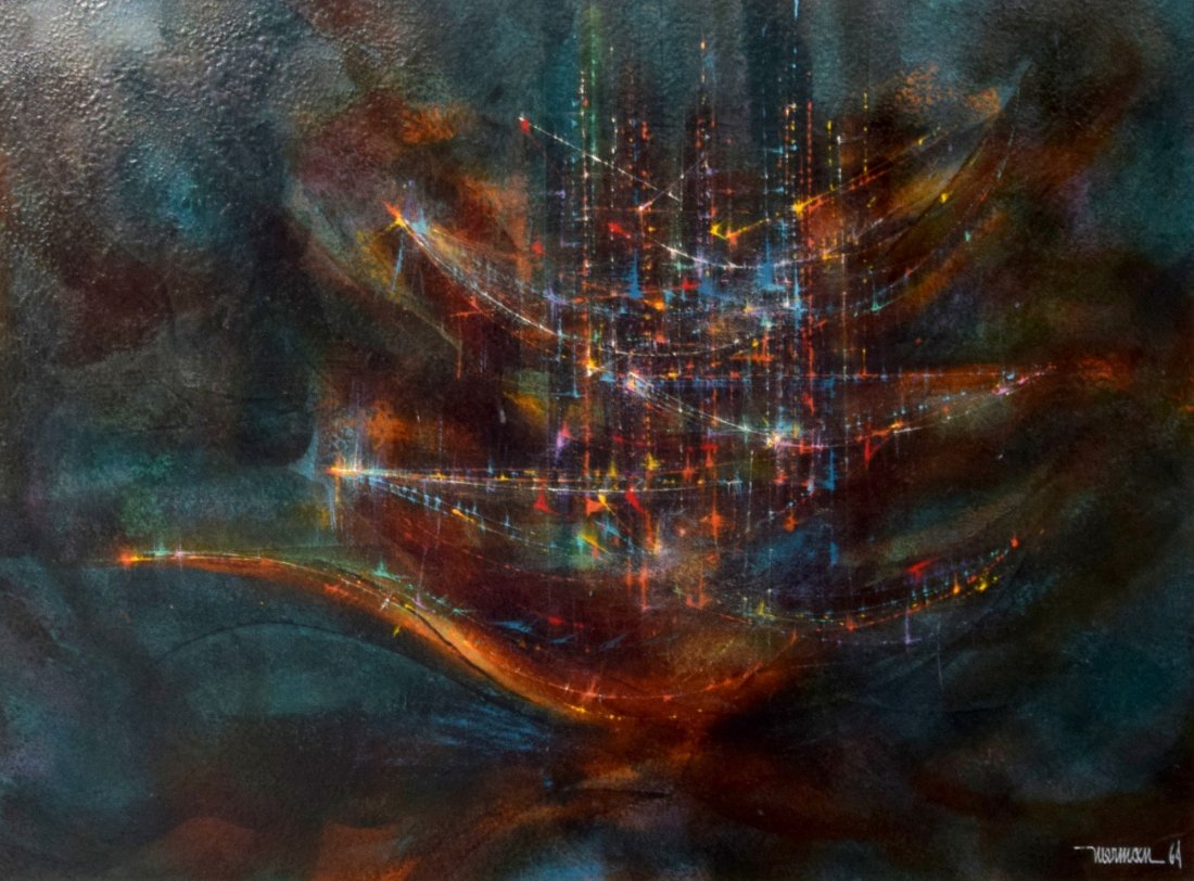 Leonardo Nierman Painting, Original Work: Designer & Manufacturer: Leonardo Nierman (b. 1932) Markings: signed; 1964 Country of Origin & Materials: Mexican; board Additional Information & Circa: Work is titled "Port." Dimensions: 22.75"h, 30