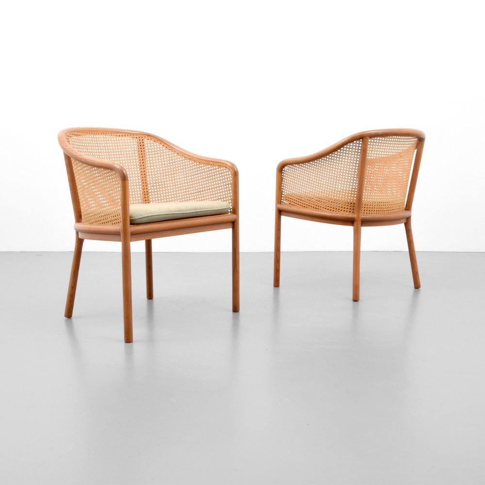 Pair of Ward Bennett Arm Chairs: Designer & Manufacturer: Ward Bennett; Ward Bennett for Brickel Associates Markings: marking(s) Country of Origin & Materials: USA; oak, caning, upholstery Additional Information: (Key Word Search: Ba