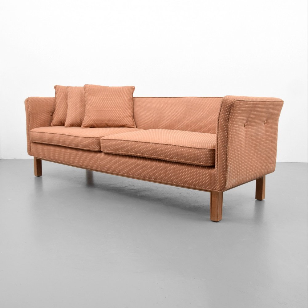 Edward Wormley Sofa: Designer & Manufacturer: Edward Wormley; Dunbar Markings: no marking(s) apparent Country of Origin & Materials: USA; wood, upholstery Additional Information: (Key Word Search: Paul Frankl, rattan, Bak