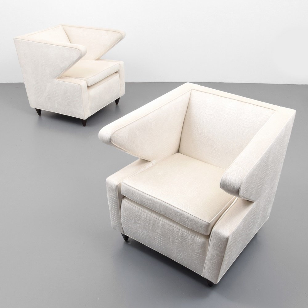 Pair of French Lounge Chairs: Designer & Manufacturer: unknown Markings: no marking(s) apparent Country of Origin & Materials: France; wood, upholstery Additional Information: (Key Word Search: James Mont, Serge Roche, Karl Spring