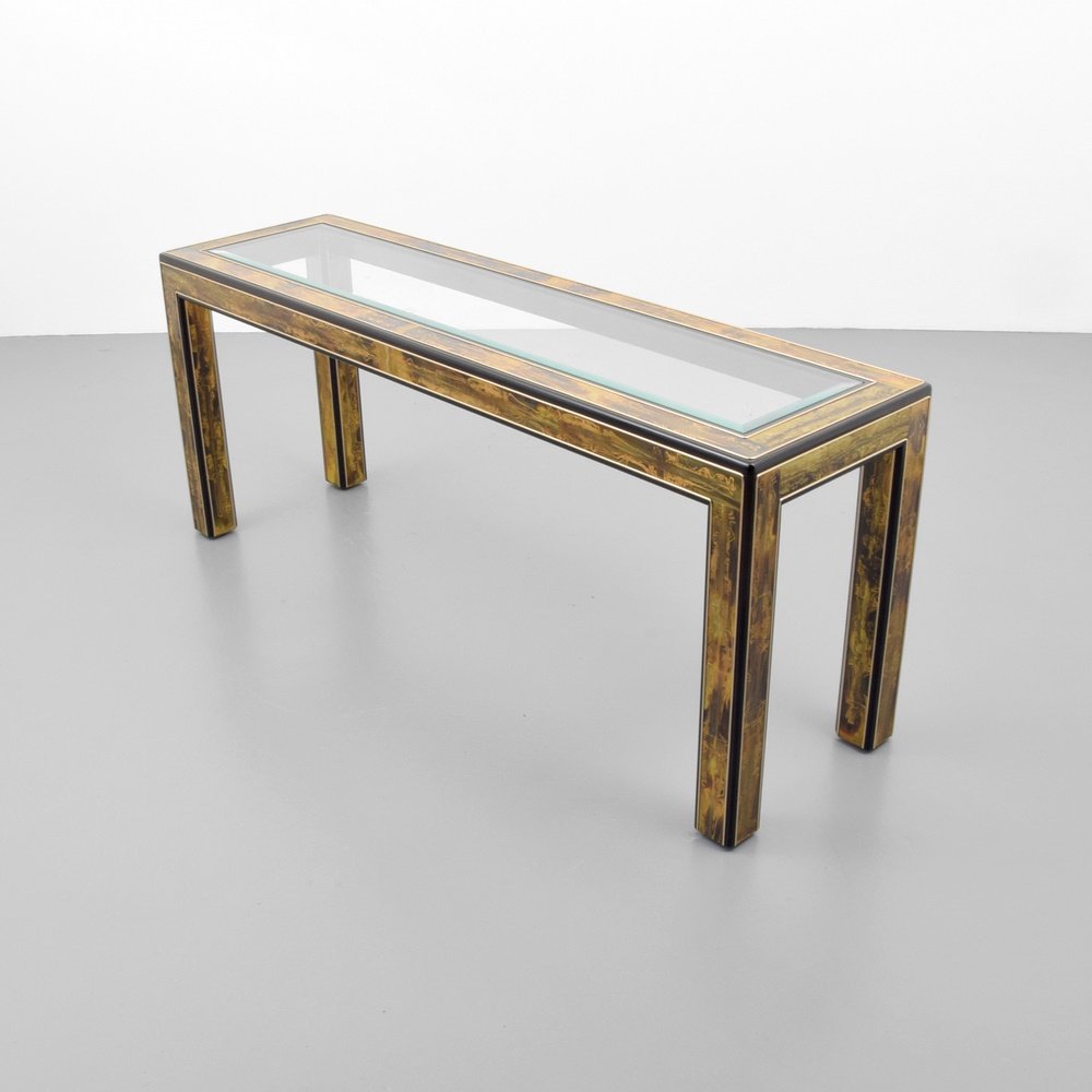 Bernhard Rohne Etched Console Table: Designer & Manufacturer: Bernhard Rohne; Mastercraft Markings: no marking(s) apparent Country of Origin & Materials: USA; brass, glass, wood Additional Information: Table has extensive etched design o
