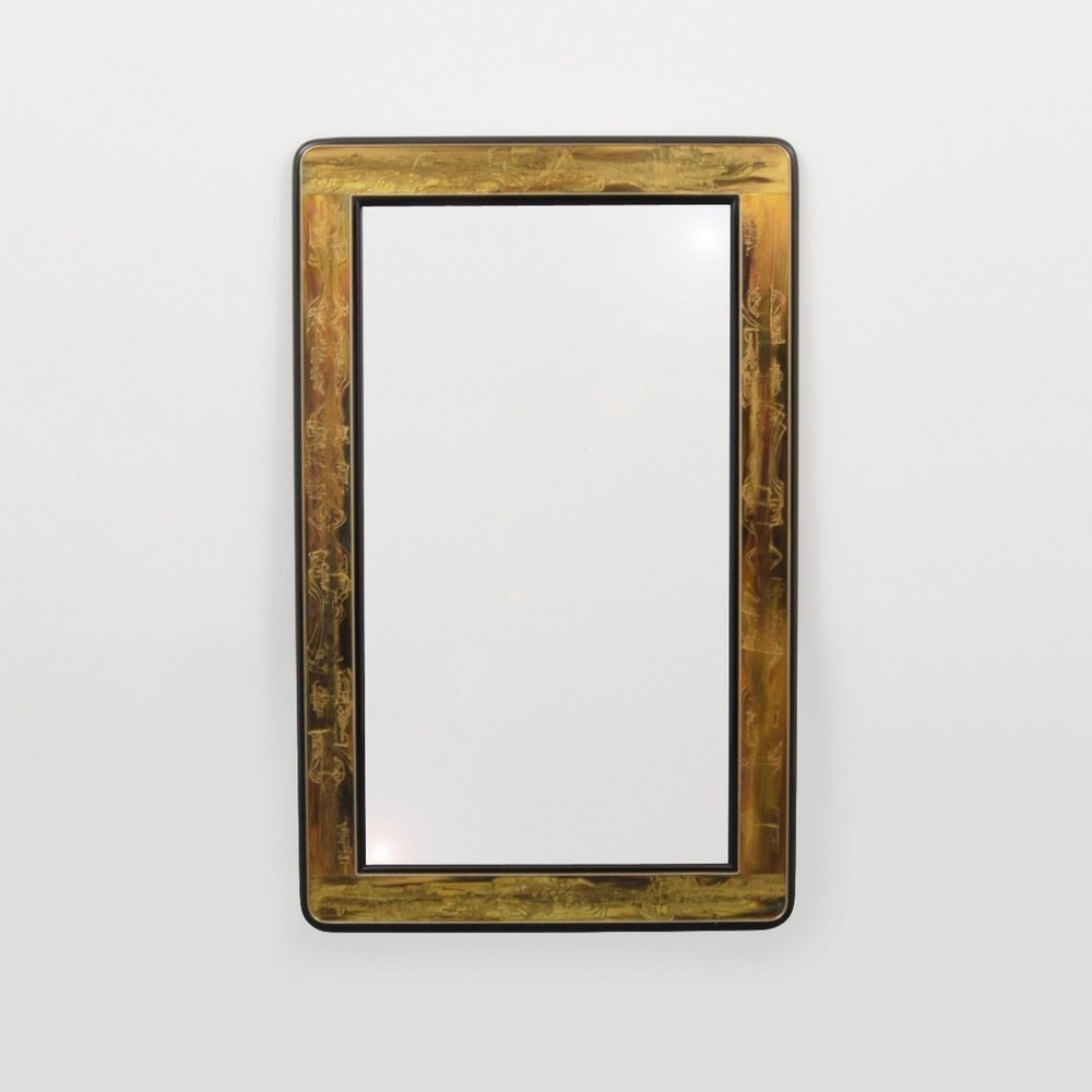 Bernhard Rohne Etched Mirror: Designer & Manufacturer: Bernhard Rohne; Mastercraft Markings: no marking(s) apparent Country of Origin & Materials: USA; brass, wood, mirror Additional Information: Mirror has extensive etched design