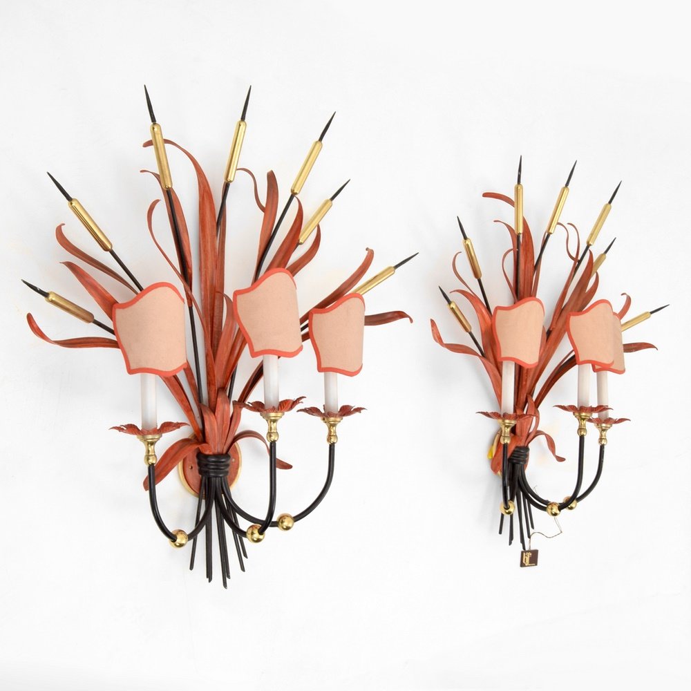 Pair of BF Italian Sconces: Designer & Manufacturer: BF Markings: marking(s) Country of Origin & Materials: Italy; brass, enameled metal, shade Additional Information: (Key Word Search: James Mont, Serge Roche, Karl Springer, To