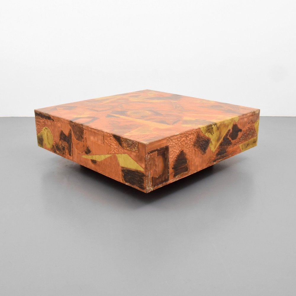 Large Patchwork Coffee Table, Manner of Paul Evans: Designer & Manufacturer: Paul Evans, Manner of Markings: no marking(s) apparent Country of Origin & Materials: USA; mixed metals, wood Additional Information: (Key Word Search: George Nakashima, Isamu