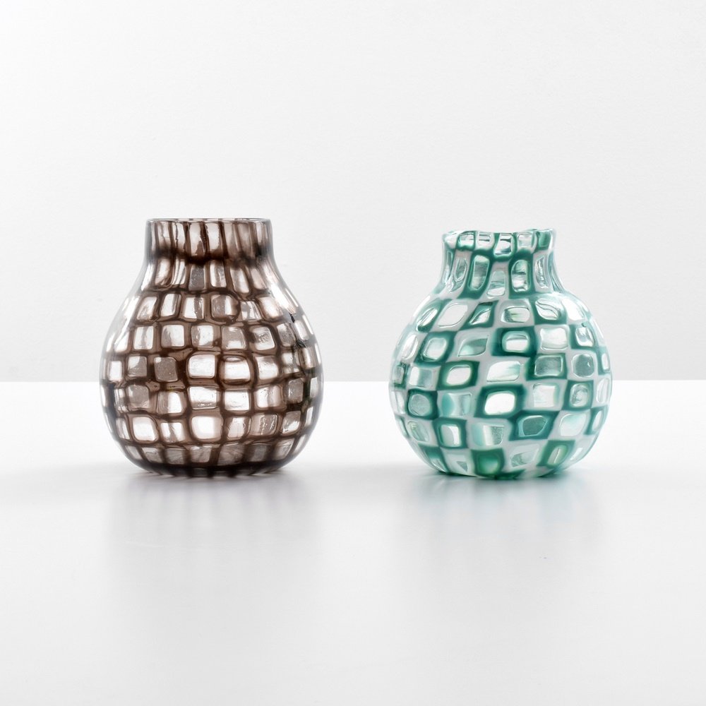 Pair of Tobia Scarpa OCCHI Vases: Designer & Manufacturer: Tobia Scarpa; Venini Markings: marking(s) Country of Origin & Materials: Italy; glass Additional Information: Brown vase with three-line acid etched VENINI MURANO ITALIA, othe