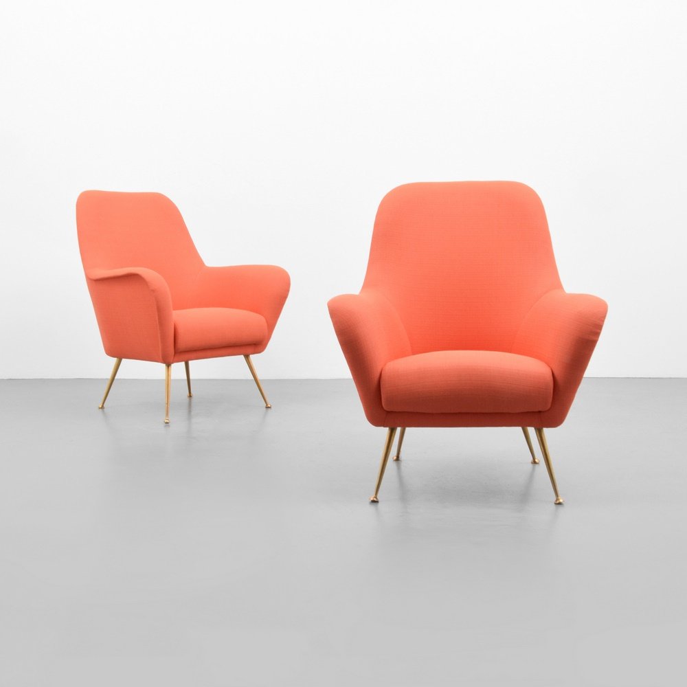 Pair of Lounge Chairs, Manner of Ico Parisi: Designer & Manufacturer: Ico Parisi, Manner of Markings: no marking(s) apparent Country of Origin & Materials: Italy; brass, upholstery Additional Information: (Key Word Search: Franco Albini, Gio Pon