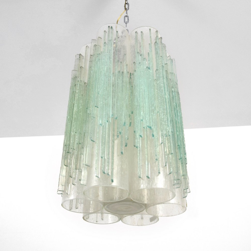 Poliarte Chandelier, Murano: Designer & Manufacturer: Poliarte Markings: no marking(s) apparent Country of Origin & Materials: Italy; chromed metal, glass Additional Information: Chandelier has one light socket. (Key Word Search: